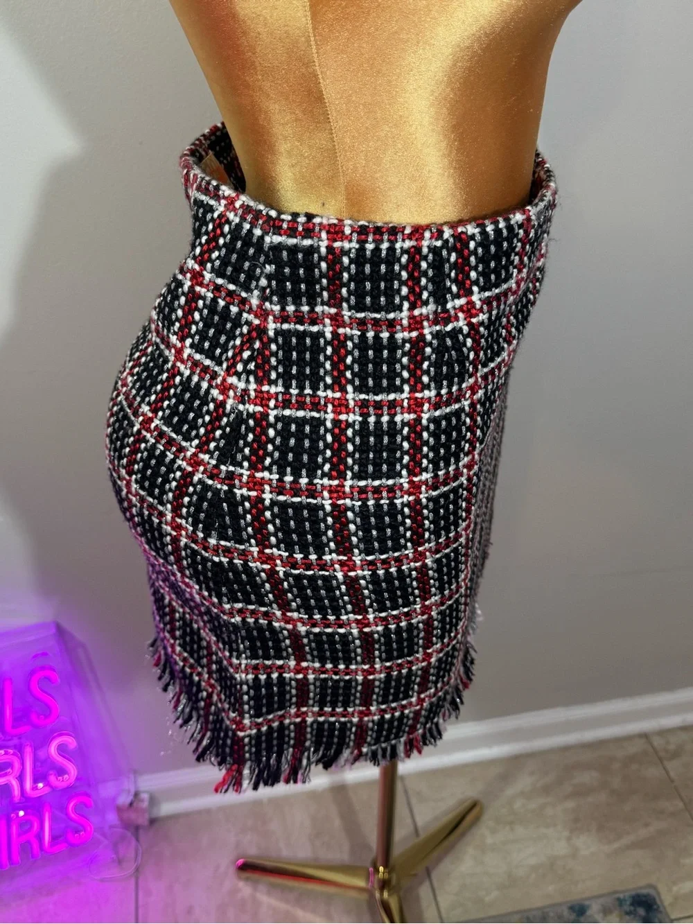 GB girls Black, Red & White Plaid Tweed Fringe Mini Skirt